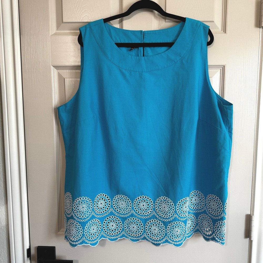 Talbots Plus Turquoise Blue Top Eyelet Scalloped Hem Sleeveless Pique 22W Summer